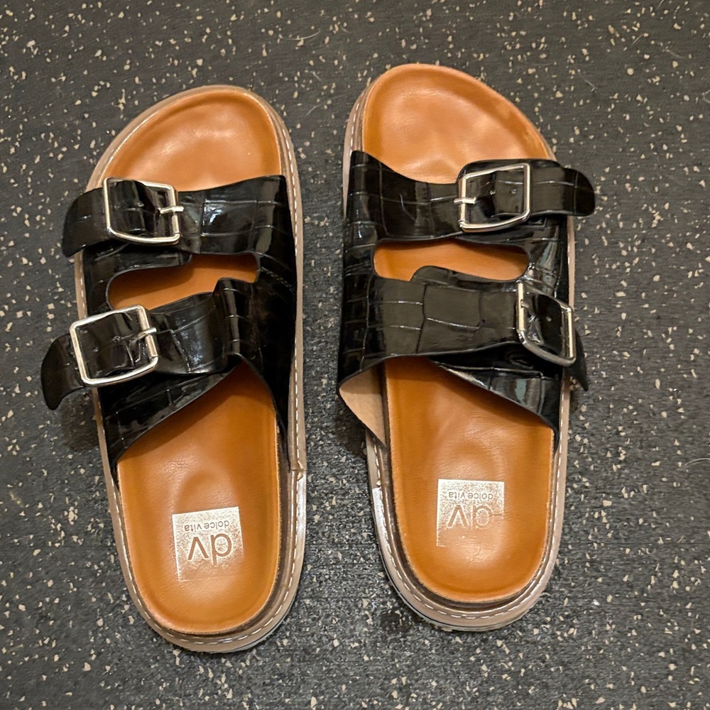 DV by Dolce Vita Leeam Black Patent Double Buckle Sandals with Tan Footbed